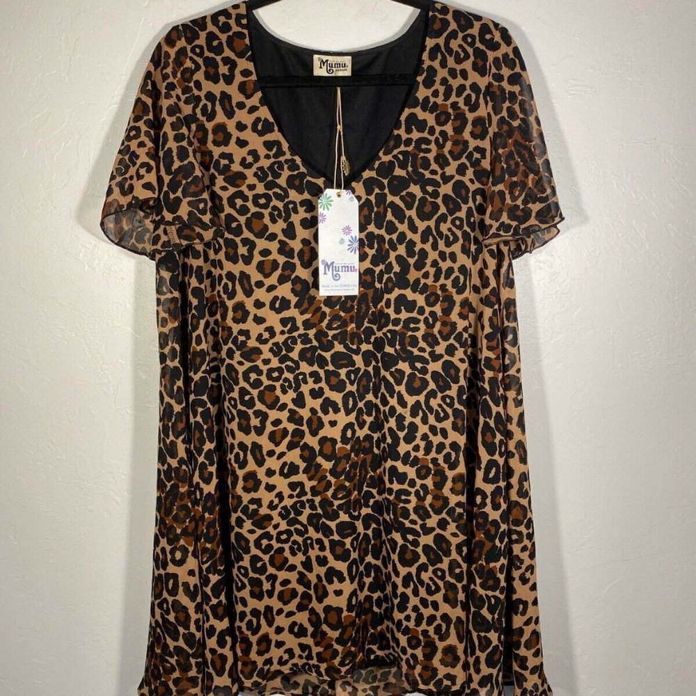 SMYM Mini Dress LEOPARD Short Slv Swing Dress Med